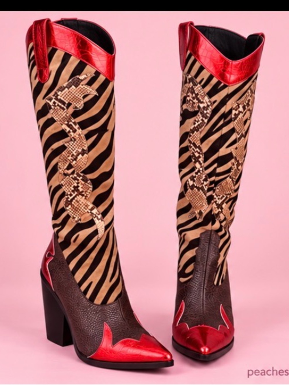 Gorgeous Zebra & Snakeskin Tall Western Boots with Red Metallic Trim - Picture 2 of 6